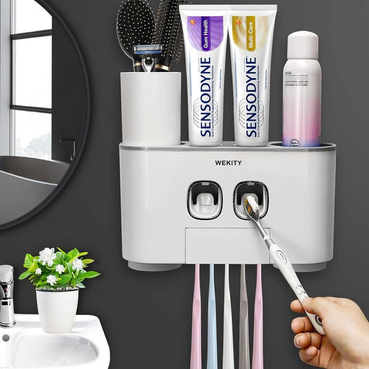 Toothbrush Holder Multi-Function Wall-Mounted Automatic Dispenser and Dust-Proof Toothbrush Holder with 5 Brush Slots 4 Cups 2 Automatic Dispensers 1 Storage Slot (Grey)