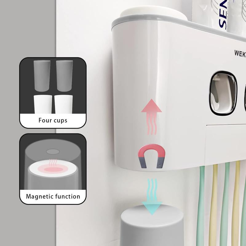 Toothbrush Holder Multi-Function Wall-Mounted Automatic Dispenser and Dust-Proof Toothbrush Holder with 5 Brush Slots 4 Cups 2 Automatic Dispensers 1 Storage Slot (Grey)