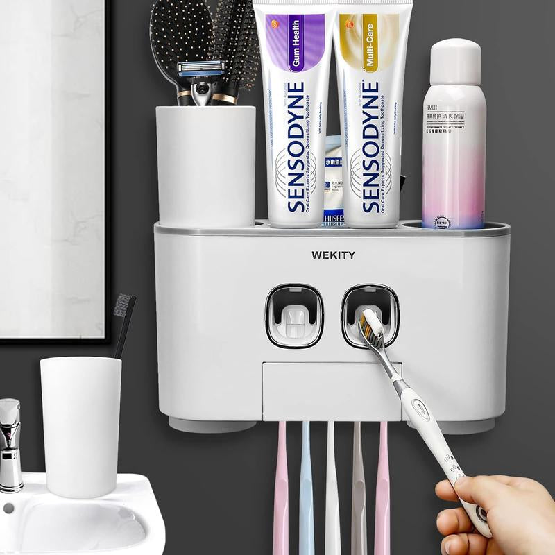 Toothbrush Holder Multi-Function Wall-Mounted Automatic Dispenser and Dust-Proof Toothbrush Holder with 5 Brush Slots 4 Cups 2 Automatic Dispensers 1 Storage Slot (Grey)